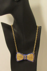 Gold Metal Chains Ribbon Bow Multicolor Rhinestones Short Necklace